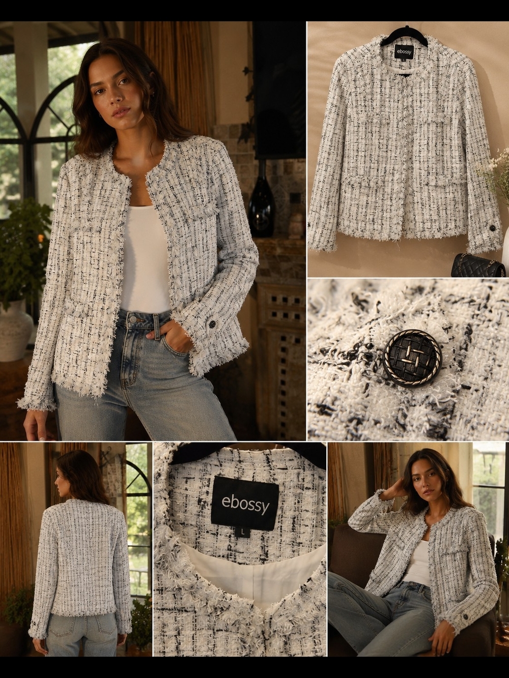 Ebossy Women's  Tweed Fringe Jacket, Size L